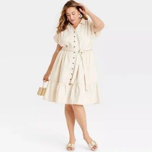 Women's Short Sleeve Denim Tiered Midi A-Line Dress - Ava & Viv Off-White XXL